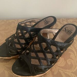 Sofft Black and Gold Wedge Sandals